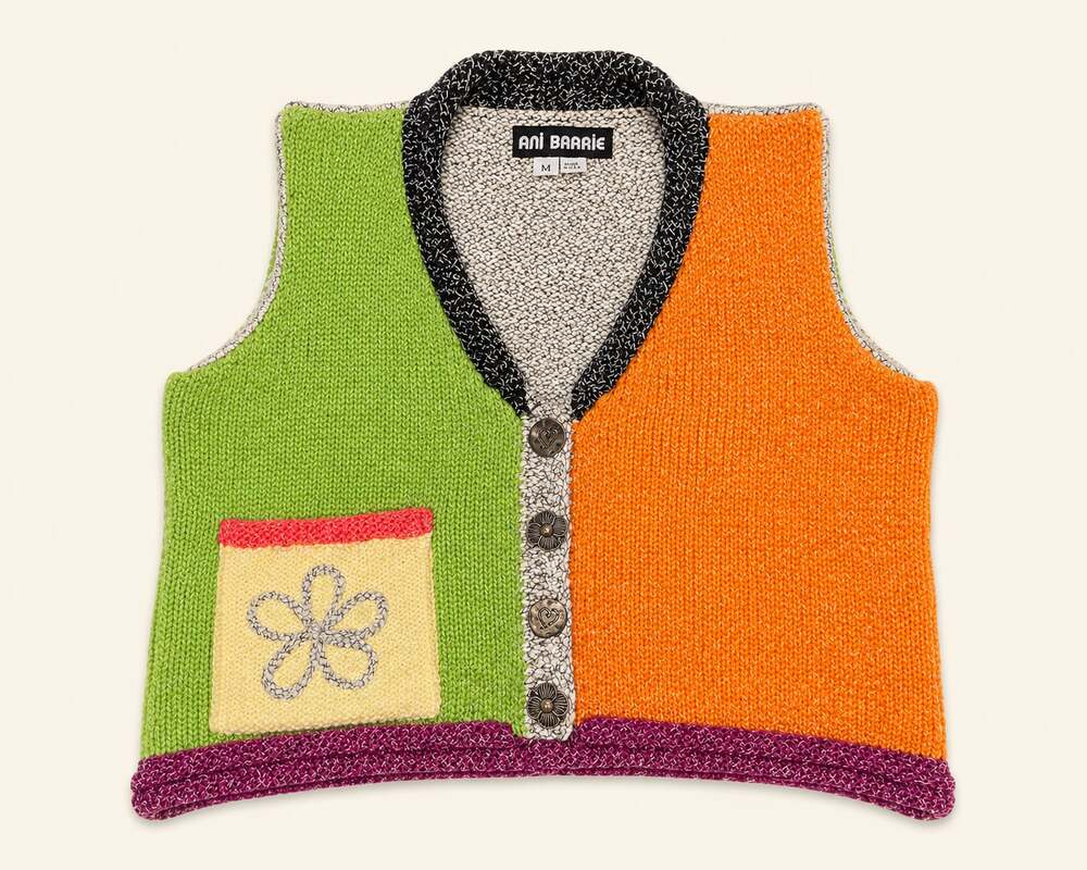Vintage Ani Barrie USA Colorblock Knit Flower Button Vest Made USA Size M